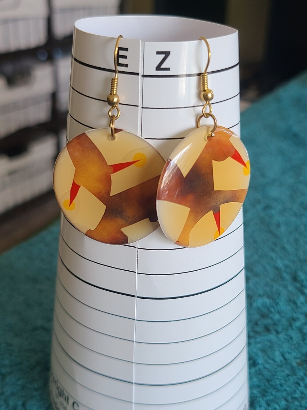 Hand Crafted Vintage Yellow and Brown Graphic Round Drop Earrings